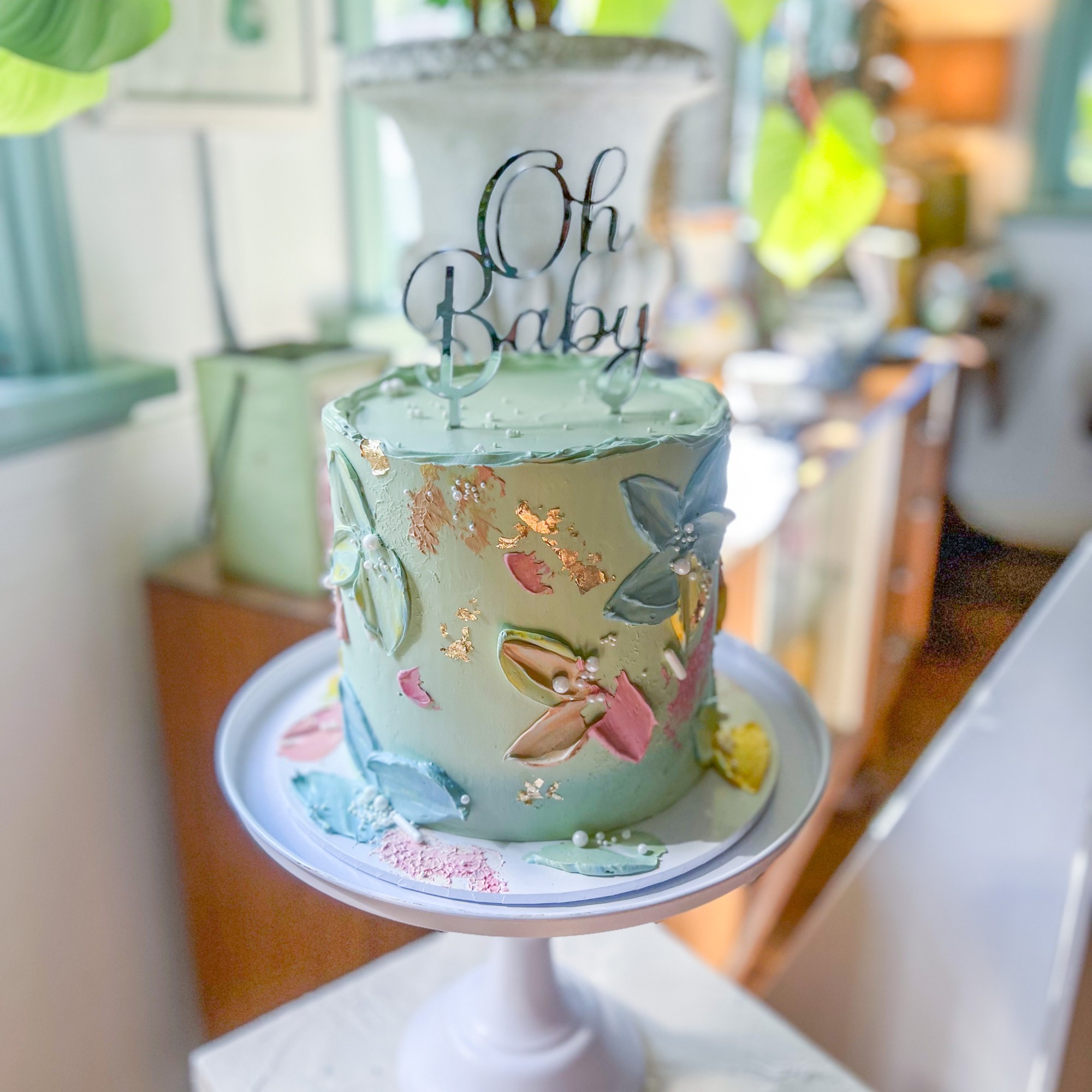 Colourful, gender reveal cake for baby shower